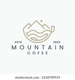 Mountain and Cup of Cofee logo  line art Design