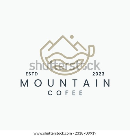 Mountain and Cup of Cofee logo  line art Design