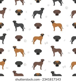 Mountain Cur seamless pattern. Different poses, coat colors set.  Vector illustration