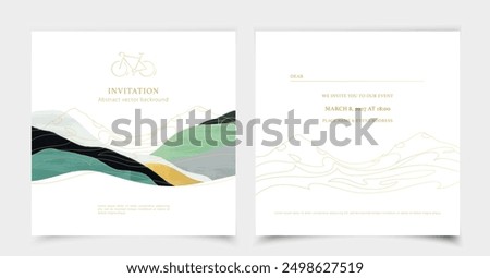 Mountain cycle competition. Bike fest vector invitation template. Abstract mountain landscape with bicycle icon. Mountains bike racing invitation. Golden lines on white background. E-bike silhouette.