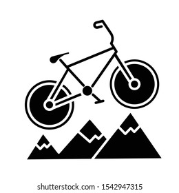 Mountain cycling glyph icon. Cross-country, downhill biking. Outdoor sporting activity. Riding over rough terrain. Extreme sport. Silhouette symbol. Negative space. Vector isolated illustration