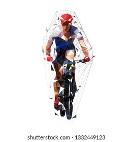 Mountain cycling, low polygonal  mtb biker, isolated geometric vector illustration. Front view