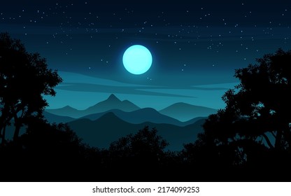 Mountain dark night sky landscape with full moon and stars