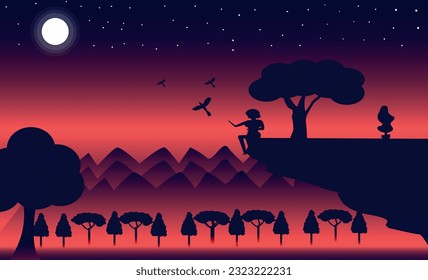 Mountain dark night sky landscape with full moon and stars, man and bird.