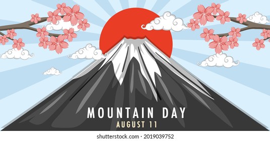 Banner del Día de la Montaña el 11 de agosto con la ilustración del Monte Fuji y Sun Rays