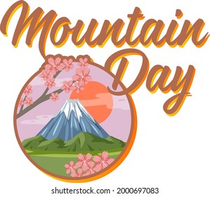 Mountain Day font with Mount Fuji isolated on white background illustration