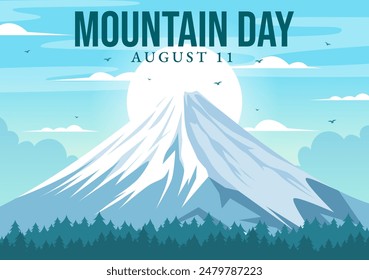 Mountain Day in Japan Vector Illustration on August 11 featuring Mount Fuji and Sakura Flower Background in a Flat Cartoon Style Design