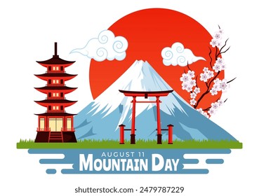 Mountain Day in Japan Vector Illustration on August 11 featuring Mount Fuji and Sakura Flower Background in a Flat Cartoon Style Design