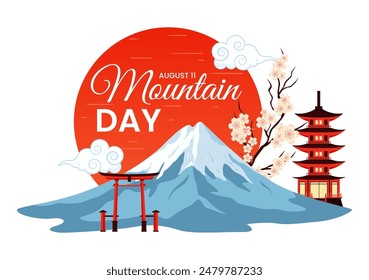 Día de la Montaña en la Ilustración vectorial de Japón el 11 de agosto con el Monte Fuji y el Fondo de Flores Sakura en un diseño plano de dibujos animados