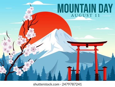 Mountain Day in Japan Vector Illustration on August 11 featuring Mount Fuji and Sakura Flower Background in a Flat Cartoon Style Design