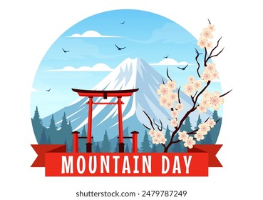 Mountain Day in Japan Vector Illustration on August 11 featuring Mount Fuji and Sakura Flower Background in a Flat Cartoon Style Design