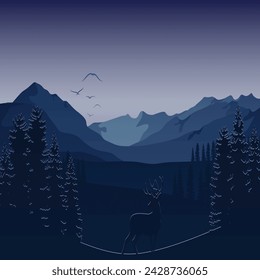diseño de montaña y ciervo con ilustración de árbol y fondo negro
