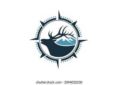 Mountain deer logo with a combination of deer, mountains and compass.