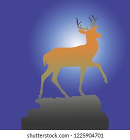 Mountain deer on the top of the hill, brown silhouette on the background of the night, vector