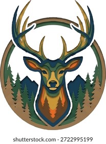 Logotipo del Vector del ciervo de la montaña con la Imagen del ciervo, el árbol de pino y la montaña 