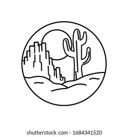 Mountain desert with cactus and sky view line illustration