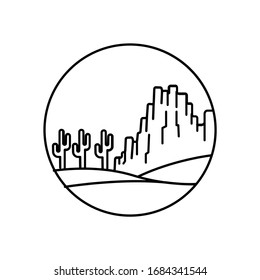 Mountain desert with cactus and sky view line illustration
