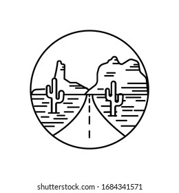 Mountain desert with cactus and sky view line illustration