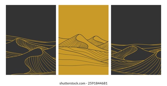 Mountain desert illustration with line art print on set. Abstract contemporary aesthetic background landscape. use for Template, print art, poster, cover, banner