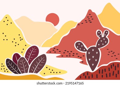 Mountain desert landscape in trendy paper cut style. Desert plant cacti. Abstract flat design. River, sun and mountains. background for banner, postcard, poster, advertisement in yellow-orange color.