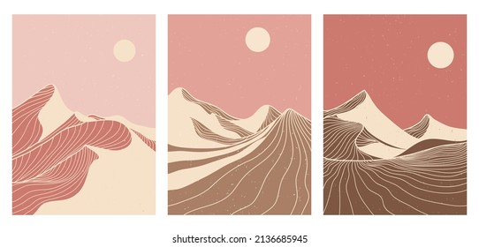 Mountain desert line art print. wallpaper design for cover background. Abstract contemporary aesthetic backgrounds landscapes. vector illustrations