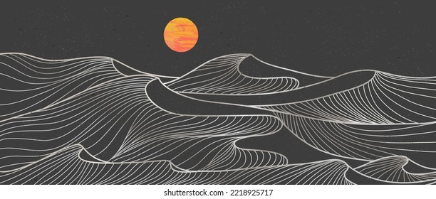 mountain desert line art print. Abstract mountain contemporary aesthetic backgrounds landscapes. Hand drawn style with desert, moonlight, ocean waves. vector illustrations