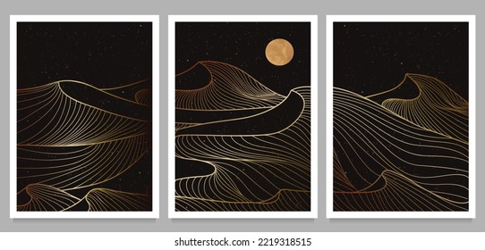 Mountain desert line art print on set. Abstract mountain contemporary aesthetic backgrounds landscapes. with mountain, desert, skyline and moonlight. vector illustrations