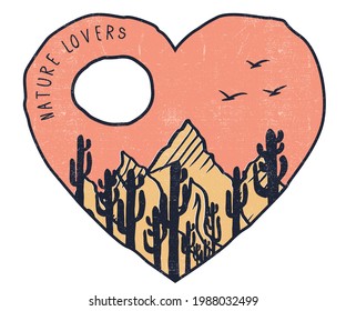 Mountain desert love print design. cactus print deign for apparel. Desert sticker design.