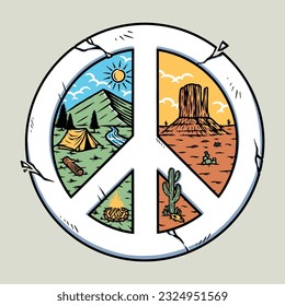 mountain and desert with peace symbols