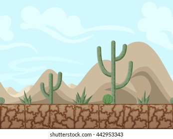 Mountain and desert seamless background illustration for mobile app, web, game with cactuses. Vector screen template.