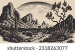 Mountain desert texas background landscape. Wild west western adventure explore inspirational vibe. Graphic Art. Engraving Vector Illustration.