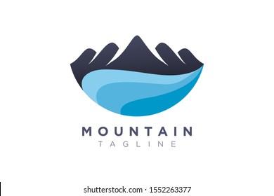 Mountain design above the ocean. Templates for sticker, logo, symbol, label.