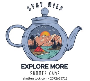 Mountain design in kettle for apparel, sticker, batch, background, poster and others.