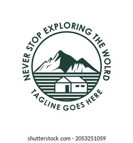 
Eisschnee-Felsberg, Landschaftsbild-Logo-Design mit Haus am Fuße des Berges