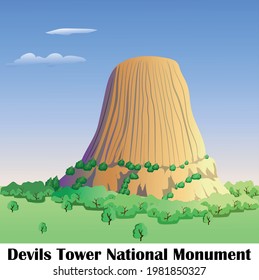 Mountain Devils Tower Natiional Monument (United States). Vector art illustration