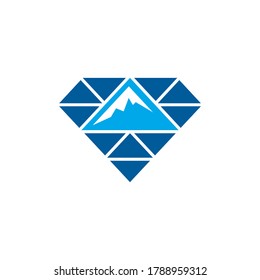 Concepto de logotipo de diamantes + montaña, plantilla simple de logotipo plano en color azul
