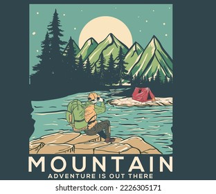 Mountain digital painting t shirt vector design. Wild lake artwork for apparel, sticker, batch, background, poster and others. Wild camp.