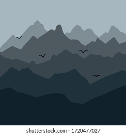 Mountain diversity. Mountain landscape illustration. Mountain birds on a background of peaks. Graphic concept for your design. Vector illustration on white background. For cards, posters, stickers. 