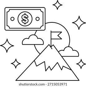 Ein Berg mit einem Dollarschein darauf. Der Dollarschein ist von Sternen umgeben. Konzept von Reichtum und Erfolg