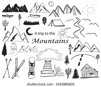 Mountain Doodle Banner Icon. Nature Vector Illustration Hand Drawn Art. Vector mountain set. Images of mountain, ski, snowboard, car, campfire, bridge, moon, sun, lake.