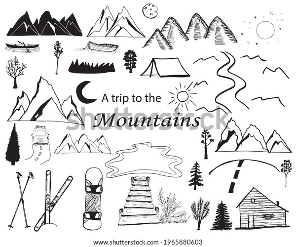 Mountain Doodle Banner\
Icon. Nature Vector Illustration Hand Drawn Art. Vector mountain\
set. Images of mountain, ski, snowboard, car, campfire, bridge,\
moon, sun, lake.