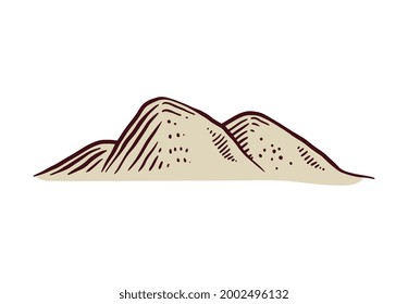 Dibujo de garabatos de montaña aislado en fondo blanco. Simple ilustración vectorial de tres colinas beige en el estilo de esbozo dibujado a mano para el mapa del tesoro.