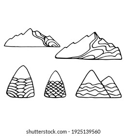 Mountain doodle drawn symbol. Nature isolated design top illustration. Travel set snow emblem vector hand hiking ice adventure rock peak concept collection.
