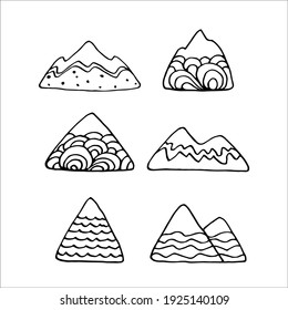 Handgezeichnetes Bergdoodle-Symbol. Natur einzeln Design Top-Illustration. Travel Set Schnee-Emblem Vektorwanderung Eis Abenteuer Rock Peak Concept Sammlung.