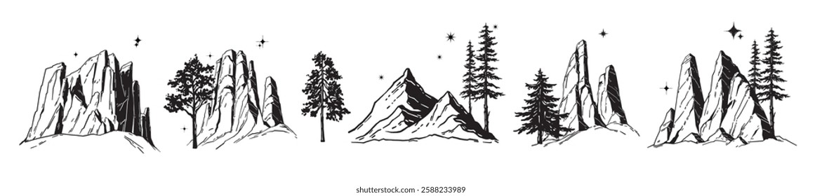 Mountain doodle set, vector hand drawn rock line illustration, nature forest camping high peak print. Pine tree silhouette, hiking vacation label, vintage woodland adventure graphic. Mountain doodle