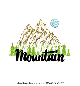 Mountain Dotwork Landscape. Vector Illustration of Nature Handdrawn.