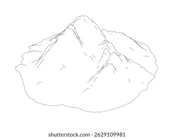 Uma montanha é desenhada em preto sobre um fundo branco. A montanha é muito grande e tem um declive muito íngreme