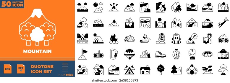 Mountain Duotone Editable Icons set. Vector illustration in modern thin duotone style of mountain icons: climb, volcano, valley, etc