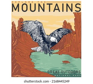 Mountain eagle vector print design. Wild lake artwork for posters, stickers, background and others. Great outdoors at the hill illustration.