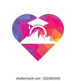 Mountain education heart shape concept logo design icon template. Mountain education cap logo design inspiration